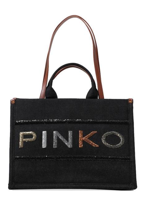 PINKO LOGO PAILLETETS Borsa in denim doppi manici denim nero-antique gold - Borse Donna