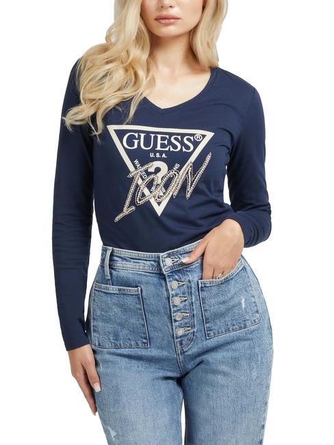 GUESS ICON T-shirt scollo a V con paillettes blackened blue - T-shirt e Top Donna