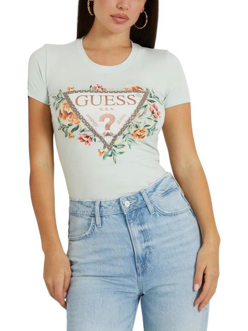 GUESS TRIANGLE FLOWERS T-shirt in cotone stretch misty teal - T-shirt e Top Donna