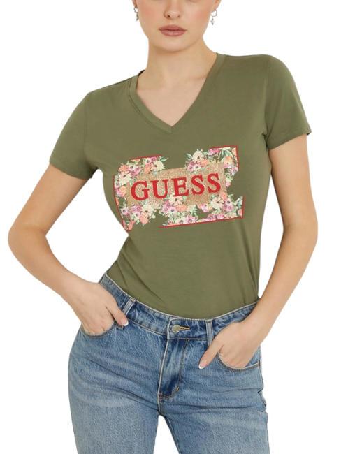 GUESS LOGO FLOWERS T-shirt in cotone stretch lichen leaf green - T-shirt e Top Donna