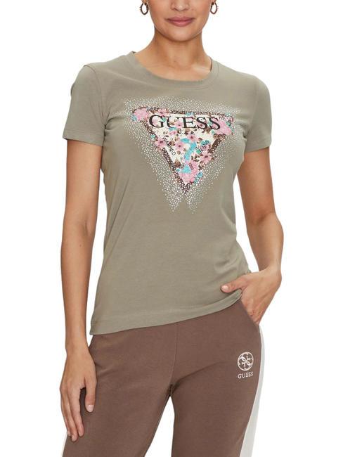 GUESS CHERRY FLOWER T-shirt in cotone stretch mossy green - T-shirt e Top Donna