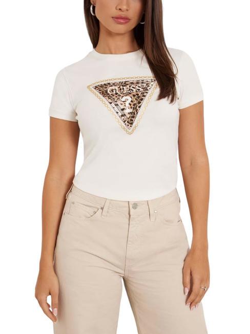 GUESS TRIANGLE LEO T-shirt in cotone stretch cremwhi - T-shirt e Top Donna