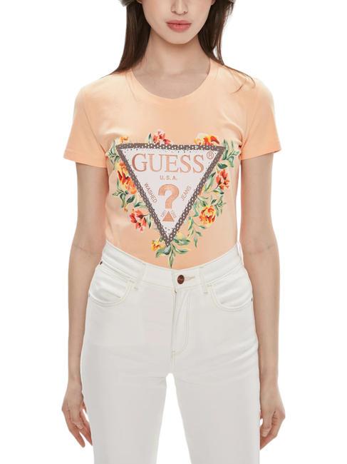 GUESS TRIANGLE FLOWERS T-shirt in cotone stretch peach sky - T-shirt e Top Donna