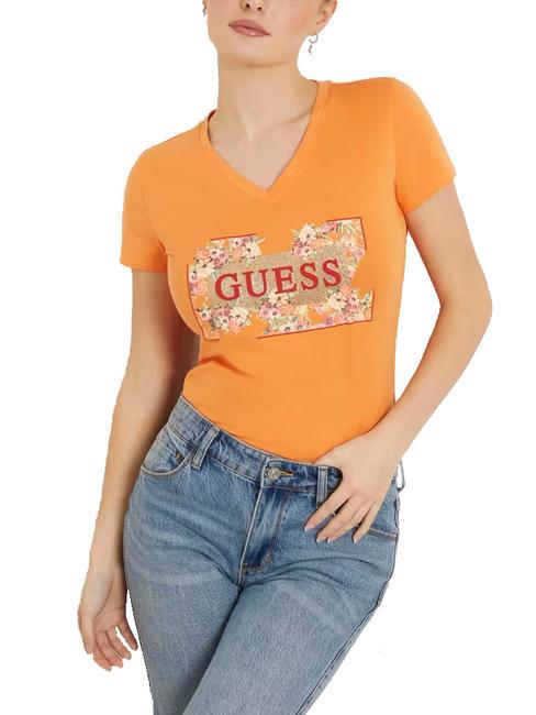 GUESS LOGO FLOWERS T-shirt in cotone stretch sun stone - T-shirt e Top Donna