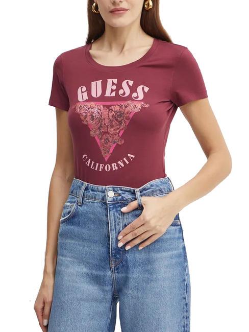 GUESS ROSES TRIANGLE T-shirt in cotone con stampa e strass burgundy rose - T-shirt e Top Donna