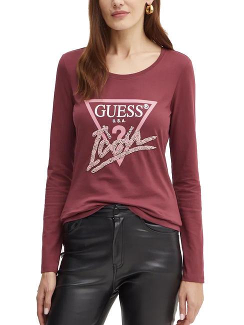 GUESS LS RN ICON  T-Shirt in cotone burgundy rose - T-shirt e Top Donna