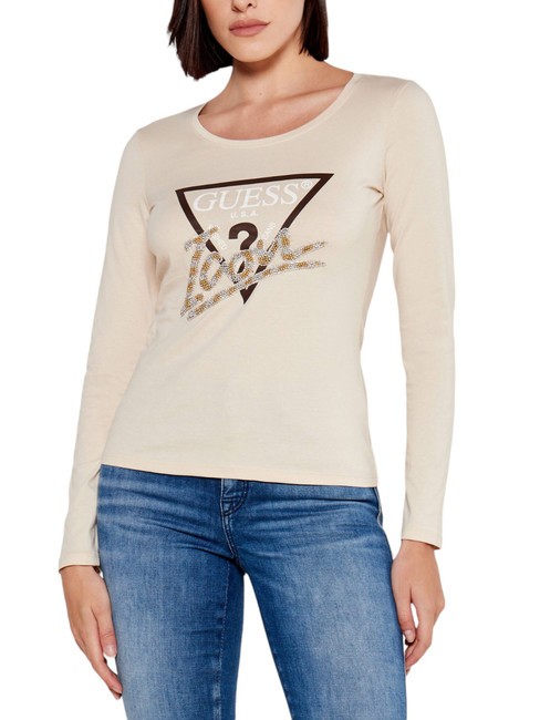 GUESS LS RN ICON  T-Shirt in cotone pearl oyster - T-shirt e Top Donna