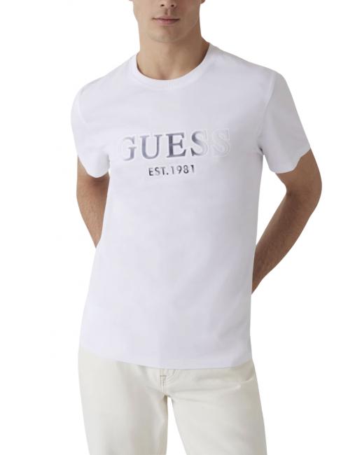 GUESS SS CN SPRAYED FLOCK LOGO  T-Shirt in cotone purwhite - T-shirt Uomo