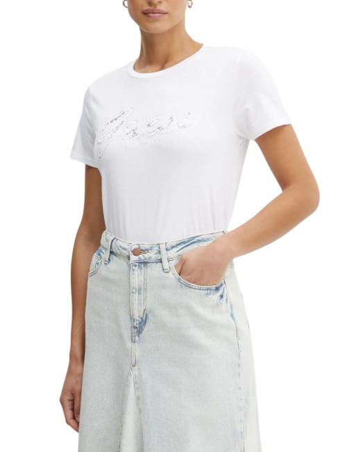 GUESS SS SCRIPT LACE LOGO EASY  T-Shirt in cotone purwhite - T-shirt e Top Donna